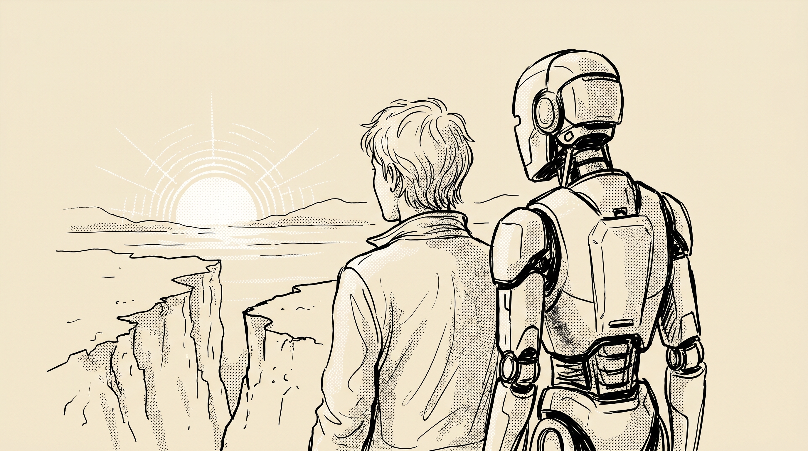 A human and robot looking over a cliff edge at the sunset