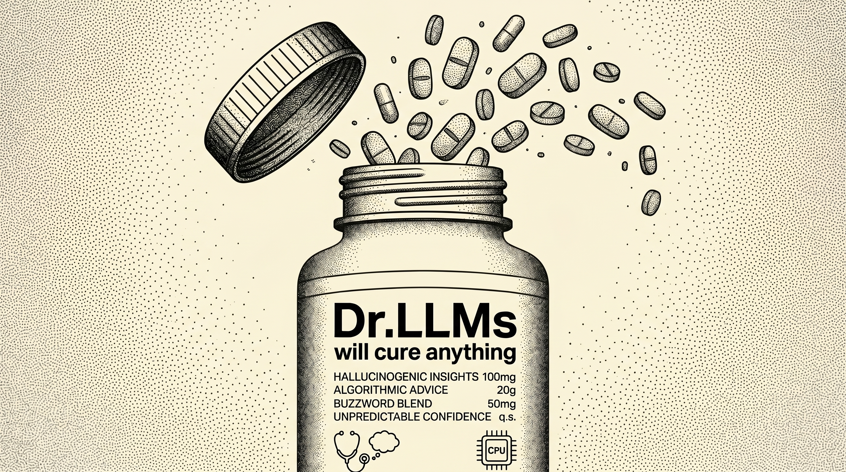 A container of pills called Dr.LLMs that will cure anything.